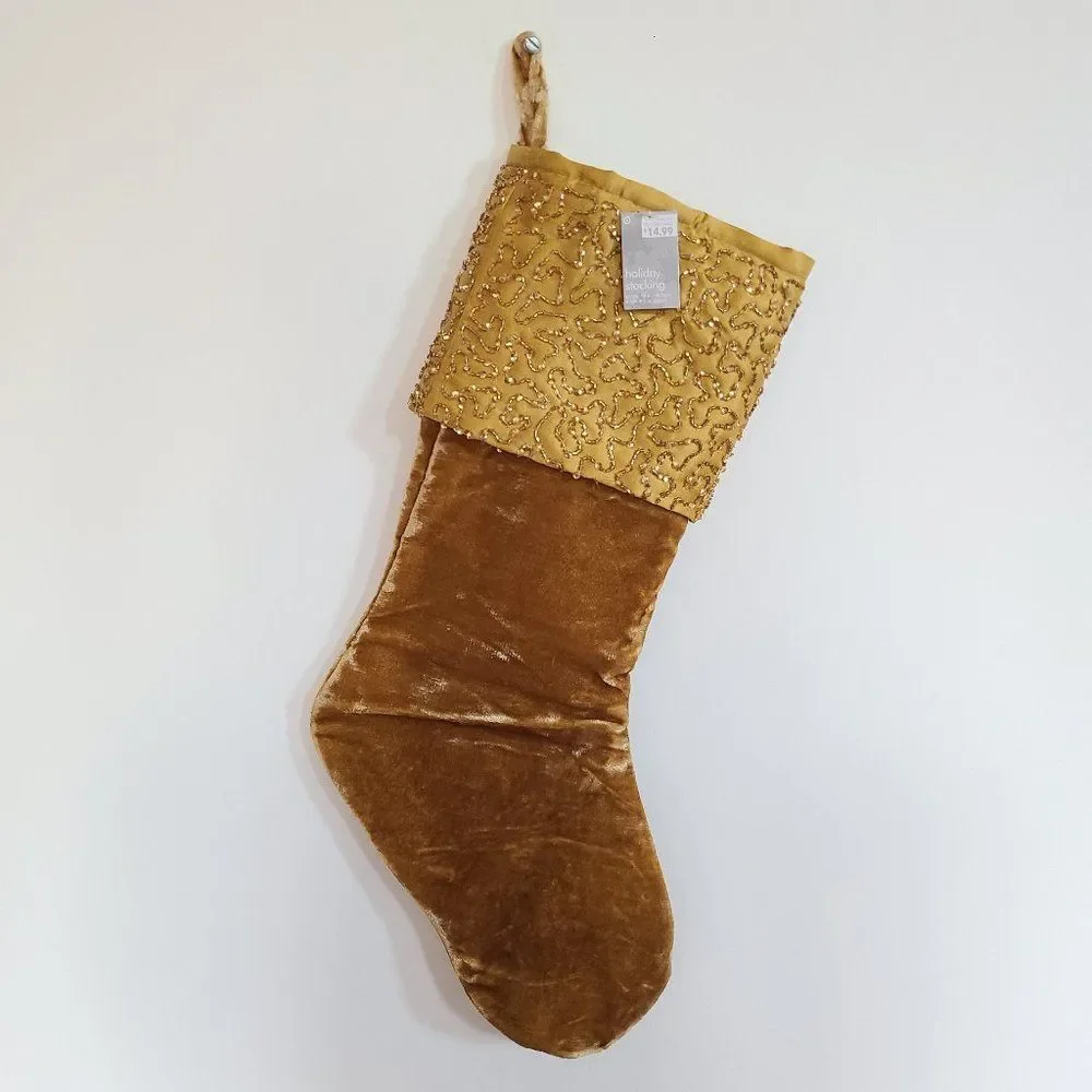 Target Elegant Gold Holiday Stocking Beaded Satin Brushed Velvet Look NEW NWT